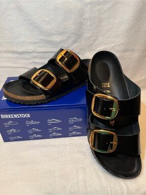 Birkenstock Arizona Big Buckle High Shine Black Patent Leather- 39N- Like New!